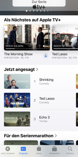 Apple TV+ - Startseite mit den Aboinhalten (Bild: Apple/Screenshot: Golem.de)
