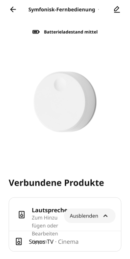 Beim Wechsel der Ikea-Symfonisk-Fernbedienung kommt es zu Darstellungsfehlern in der App. (Bild: Ikea/Screenshot: Golem.de)