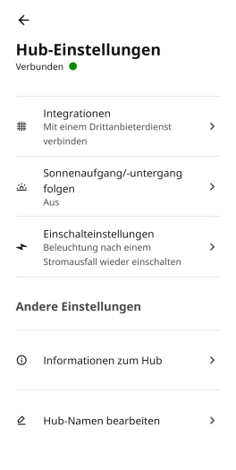 In den Hub-Einstellungen ist die Konfiguration für das Einschaltverhalten von Lampen versteckt. (Bild: Ikea/Screenshot: Golem.de)