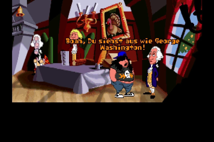 Wir sind uns sicher: So hat es damals wirklich ausgesehen, als George Washington gemeinsam mit John Hancock und Thomas Jefferson an der Unabh&auml;ngigkeitserkl&auml;rung get&uuml;ftelt hat. (Bild: Lucasfilm Games/Screenshot: Medienagentur Plassma)