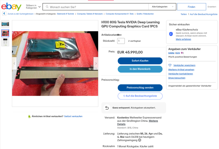 Keine Versandkosten und sogar ein Monat Rückgaberecht: Angebot für eine Nvidia H100 80 GB bei Ebay. (Screenshot: Golem.de)