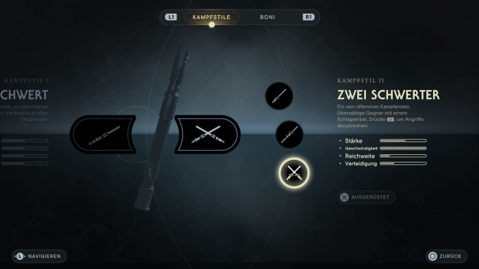 Hier w&auml;hlen wir zwischen mehreren Kampfstilen. (Bild: EA/Screenshot: Golem.de)