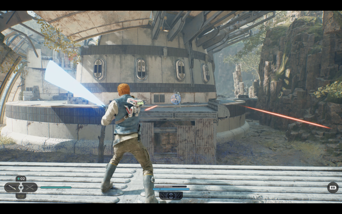 Per Lichtschwert schleudern wir einen Blasterschuss zurück. (Bild: EA)