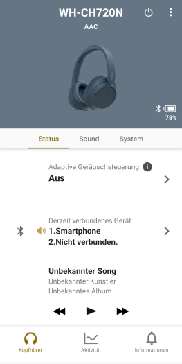 Hauptbildschirm der Sony-App für WH-CH720N (Screenshot: Golem.de)