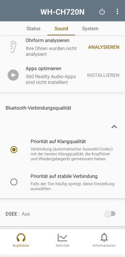 Bei Bedarf kann Bluetooth des WH-CH720N angepasst werden. (Screenshot: Golem.de)