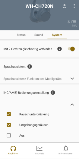 So kann die ANC-Taste am WH-CH720N belegt werden. (Screenshot: Golem.de)