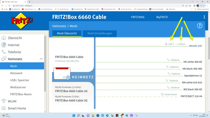 Der Devolo WiFi 6 Repeater 3000 hängt mit 1 GBit/s an der Fritzbox 6660 Cable (Bild: Harald Karcher)