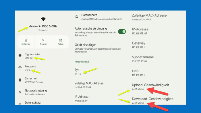 Das Google Pixel 6 Pro hängt hier mit 2.401 MBit/s brutto am Devolo WiFi 6 Repeater 3000 (gelbe Pfeile). Am stärkeren Repeater 5400 schafft es die gleichen Bruttodatenraten (rote Pfeile). (Bild: Harald Karcher)