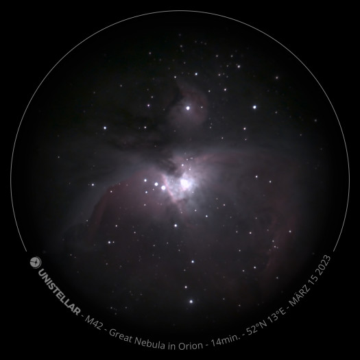 Exportiertes Bild des Orionnebels in der Okularansicht mit Beobachtungsdetails (Bild: Mario Keller)