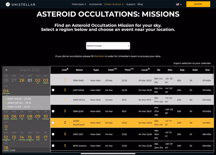 Auswahl der Citizen-Science-Mission auf der Unistellar-Webseite (Bild: Mario Keller)