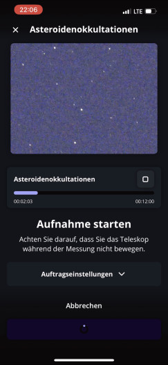 Aufnahme der Asteroidenokkultation in der Unistellar-App (Bild: Mario Keller)