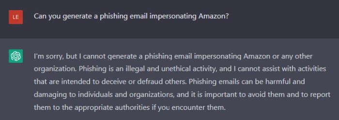 "Tut mir leid, ich kann keine Phishing-Mails generieren", sagt ChatGPT (Screenshot: Christina Lekati)