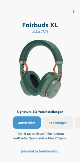 Die App für den Fairbuds XL hat wenig Funktionen. (Bild: Fairphone/Screenshot: Golem.de)