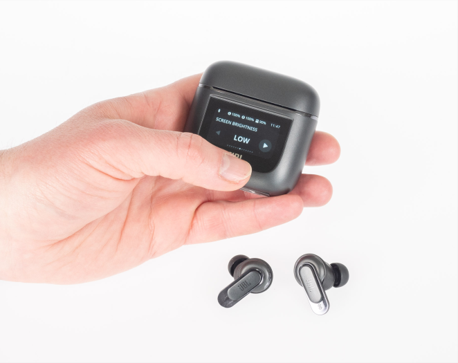 Die Helligkeit des Touchscreens am Ladeetui der Tour Pro 2 lässt sich einstellen. (Bild: Nina Völkel/Golem.de)