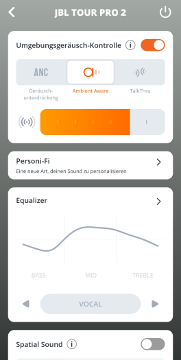 Für die Tour Pro 2 gibt es zwei Transparenzmodi. (Bild: JBL/Screenshot: Golem.de)
