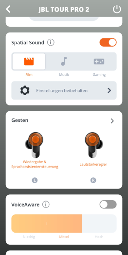 Spatial Audio der Tour Pro 2 lässt sich anpassen. (Bild: JBL/Screenshot: Golem.de)