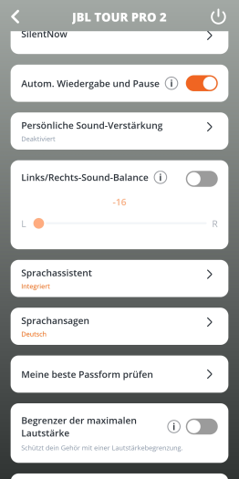 In der JBL-App zu den Tour Pro 2 lassen sich viele Einstellungen vornehmen. (Bild: JBL/Screenshot: Golem.de)