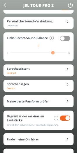 Auf Wunsch kann eine maximal erlaubte Lautstärke für die Tour Pro 2 festgelegt werden. (Bild: JBL/Screenshot: Golem.de)