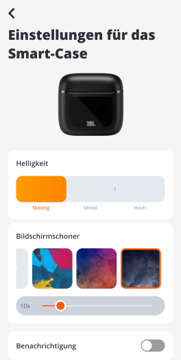 In der JBL-App gibt es auch Einstellungen zum Ladeetui der Tour Pro 2. (Bild: JBL/Screenshot: Golem.de)