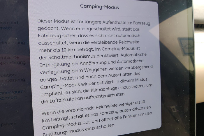 Ebenso wie bei Tesla gibt es auch bei Nio einen Campingmodus. Ein Haustiermodus ist ebenfalls aktivierbar.  (Foto: Friedhelm Greis/Golem.de)