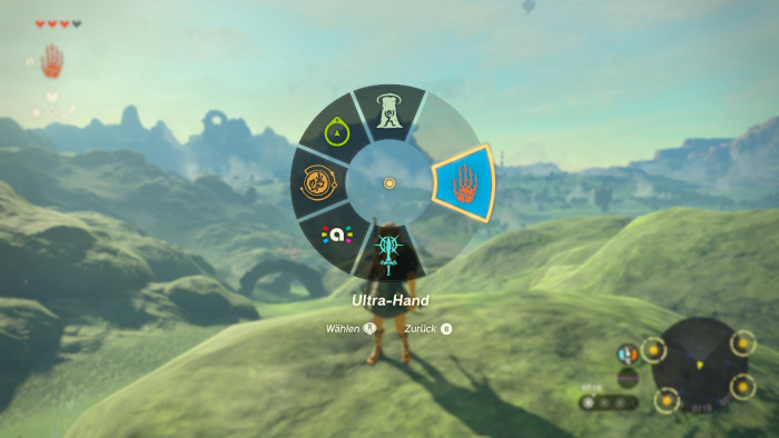 Mit Druck auf die linke Schultertaste rufen wir Bauen, Synthese und Zeitmanipulation auf. (Bild: Nintendo/Screenshot: Golem.de)