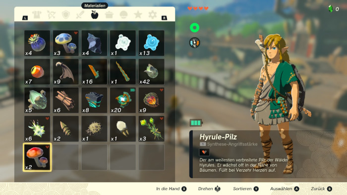 Das Inventar füllt sich sehr schnell mit allerlei Gegenständen. (Bild: Nintendo/Screenshot: Golem.de)