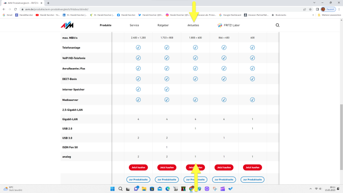 Alle fünf aktuellen DSL-Fritzboxen haben umfangreiche Features - mittig am gelben Pfeil die 7530 AX. (Bild: AVM / Screenshot: Harald Karcher)