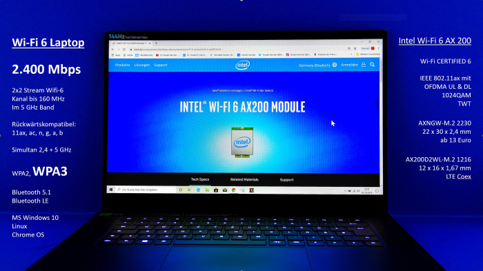 Unser Wi-Fi-6-Laptop funkt bis zu 2.400 MBit/s aus zwei Antennen bei 160 MHz Kanalbandbreite. (Bild: Harald Karcher)