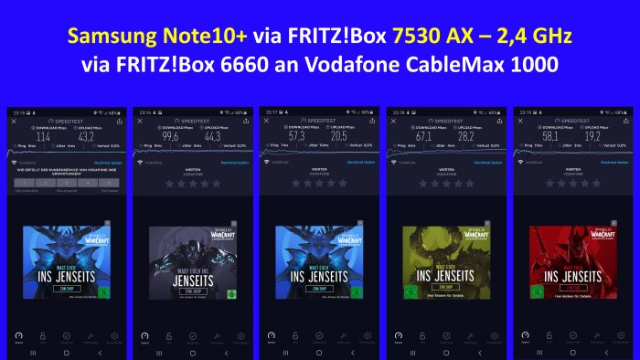 Echter Internetdurchsatz mit dem Samsung Galaxy Note10+ an der Fritzbox 7530 AX hinter der AVM 6660 über das 2,4-GHz-Band (Bild: Harald Karcher)