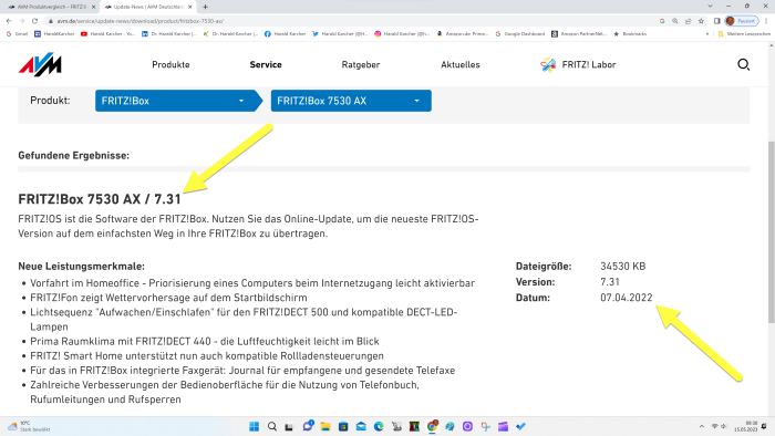 Per Testschluss im Mai 2023 hatte die Fritzbox 7530 AX noch Fritz OS 07.31 drauf. (Bild: AVM / Screenshot: Harald Karcher)