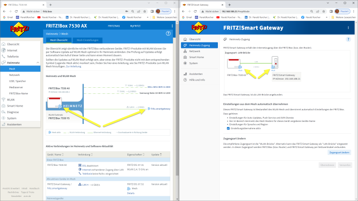 Die Fritzbox 7530 AX (links) und das Fritz-Smart-DECT-Zigbee-Gateway (rechts) haben sich per 15. Mai 2023 schon mal vermesht. (Bild: AVM / Screenshot: Harald Karcher)