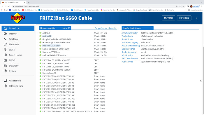 Wir hatten im Test nur 17 DECT-Geräte gleichzeitig an einer Fritzbox 6660 Cable hängen, davon fünf Telefonie- und zwölf Smart-Home-DECT-Geräte. Möglich wären laut AVM-Website in Summe jedoch bis zu 64 DECT-Devices. (Bild: AVM/Screenshot: Harald Karcher)