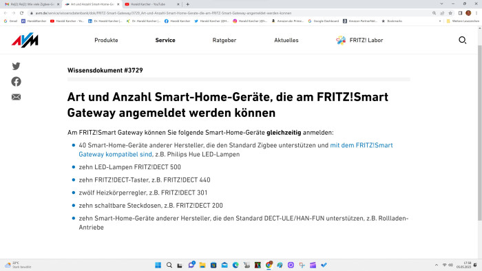 Laut AVM-Wissensdokument #3729 vom 5. Mai 2023 kann man maximal 40 Zigbee-Geräte plus 52 DECT-ULE-Devices gleichzeitig am Fritz Smart Gateway anmelden. (Bild: AVM/Screenshot: Harald Karcher)