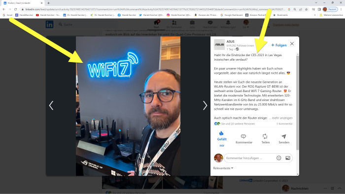 Der erste Schub an Wi-Fi-7-Routern wurde auf der CES in Las Vegas Anfang Januar 2023 vorgestellt, auch von Asus aus Taiwan. Im Bild: Christian Wefers, Teamleader Public Relations, Open Platform Business Group. (Bild: Asus / Screenshot: Harald Karcher)