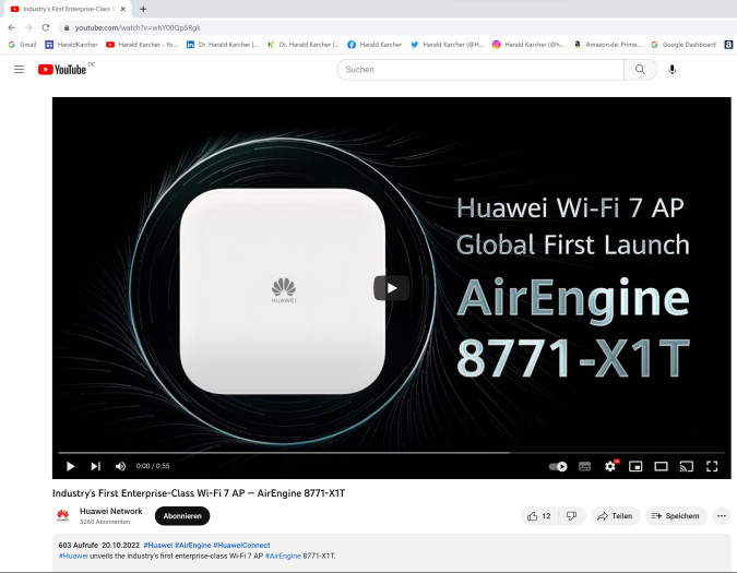 Huaweis Air Engine 8771-X1T Wi-Fi-7-Enterprise-Class-Access-Point; ein Video dazu wurde im Oktober 2022 veröffentlicht. (Bild: Huawei / Screenshot: Harald Karcher)