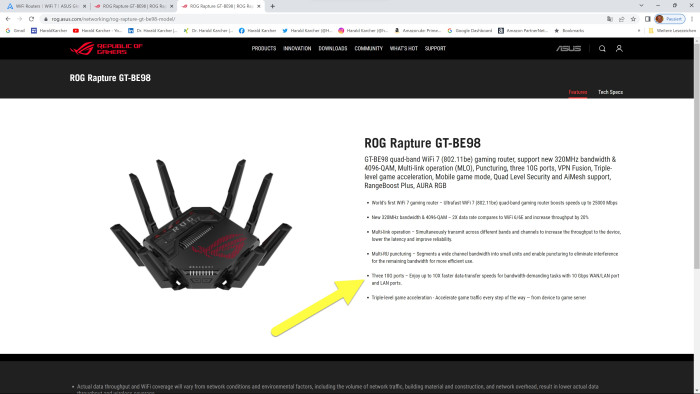  Der WiFi-7-Router Asus ROG Rapture GT-BE98 verspricht drei verbaute 10-GbE-LAN Ports. (Bild: Asus / Screenshot: Harald Karcher)