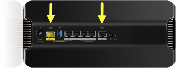 Mit 2x 10 plus 4x 1 GbE hat der Netgear Nighthawk RS700 eine komfortable LAN-Ausstattung. Wir haben den Router um 90 Grad nach rechts gekippt. Normalerweise steht er aufrecht. (Bild: Netgear)
