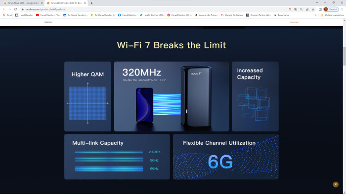 Die beiden Wi-Fi-7-Tenda-Router EE60 und TE60 erfüllen mit 4K-QAM-Modulation, 320 MHz Kanalbreite und Multi-Link-Operation wichtige 802.11be-Kriterien von Wi.Fi-7-Routern. (Bild: Tenda / Screenshot: Harald Karcher)