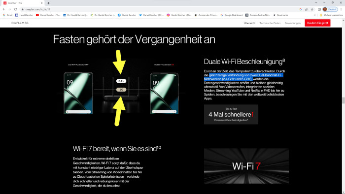 Das OnePlus 11 verspricht Wi-Fi-7-Multi-Link-Betrieb. (Bild: OnePlus / Screenshot: Harald Karcher)