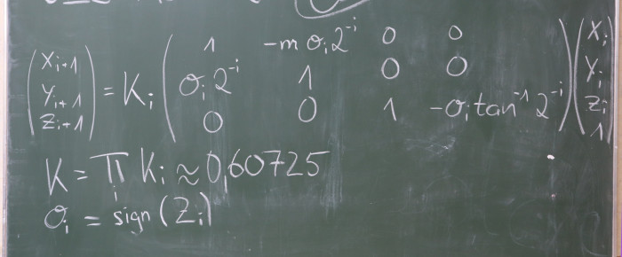 Alle Funktionen von Cordic lassen sich in einer Matrix zusammenfassen. Sie berechnet einen Iterationsschritt. (Bild: Johannes Hiltscher, Golem.de)