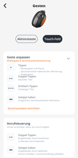 Die Belegung der Funktionen für das Sensorfeld des Tour One M2 lässt sich gar nicht ändern. (Bild: JBL/Screenshot: Golem.de)