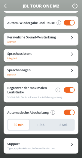 Als Besonderheit bei Kopfhörern erlaubt JBL eine Begrenzung der maximalen Lautstärke für den Tour One M2.  (Bild: JBL/Screenshot: Golem.de)