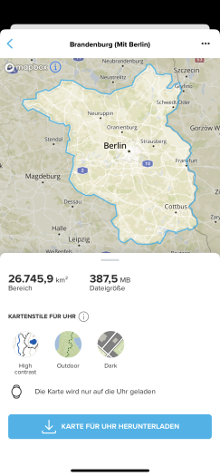 Per App können wir nur kleinere Gebiete auf das Wearable laden. (Bild: Suunto/Screenshot: Golem.de)