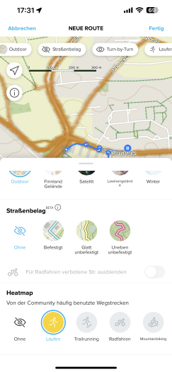 Auch Heatmaps werden angezeigt - so sehen wir gute, weil beliebte Strecken. (Bild: Suunto/Screenshot: Golem.de)