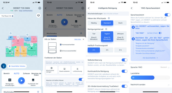 Die App von Ecovacs kann viel, abgesehen von einigen schwer zu findenden Funktionen ist die Bedienung auch einfach. Außer Reinigungseinstellungen für den Roboter und die Basisstation bietet die Software ein Befehlsverzeichnis für die Sprachassistenz Yiko. (Bild: Berti Kolbow-Lehradt)