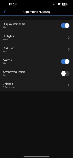 Hier sehen wir die wichtigsten Optionen des AMOLED-Displays. (Bild: Garmin/Screenshot: Golem.de)