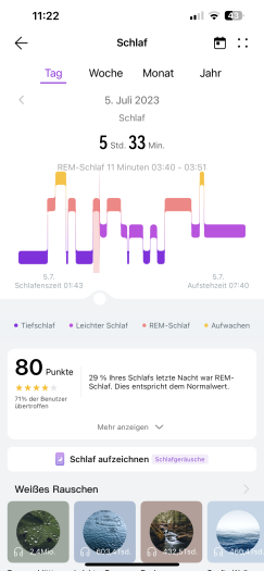 Die Schlafanalyse trifft die Zeiten, aber bei den Phasen sind wir nicht ganz sicher ... (Bild: Huawei/Screenshot: Golem.de)