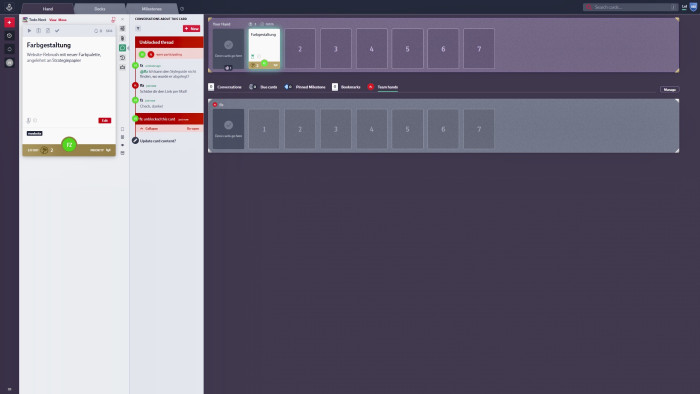 Im Hand-Menü lassen sich eigene To-dos und die von Teammitgliedern auflisten. Problemlösungs- und Review-Prozesse finden übersichtlich in Kommentarthreads auf den jeweiligen Aufgabenkarten statt. (Bild: Codecks.io/Screenshot: Florian Zandt)