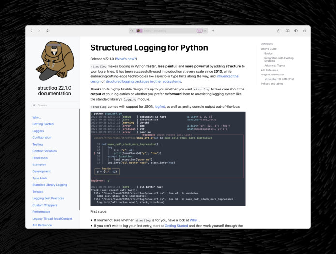 Structlog-Docset (Screenshot: Hynek Schlawack)