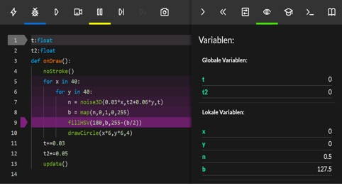 Der Debugger in Aktion. Man beachte den violetten Farbverlauf der zuletzt abgearbeiteten Programmzeilen. (Bild: Thomas Ell)